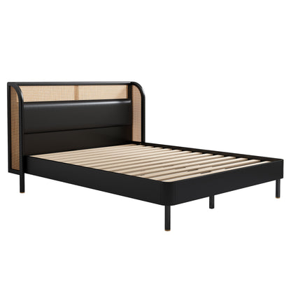 Cannage Rattan Queen Platform Bed Black Finish