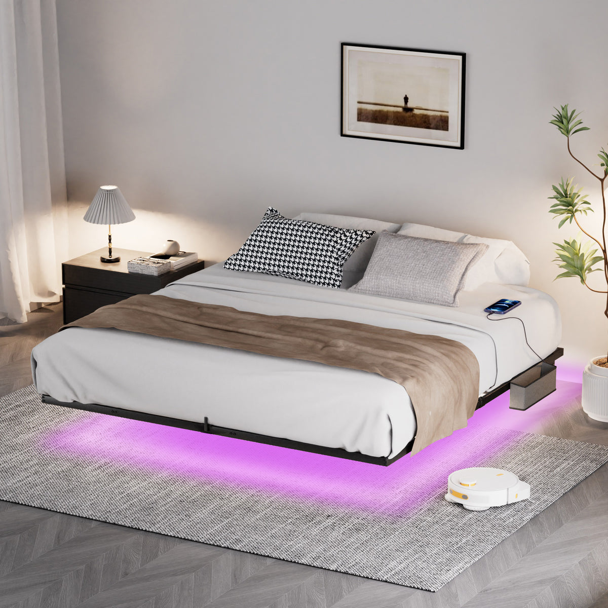 Floating Platform Bed Frame with LED Headboard