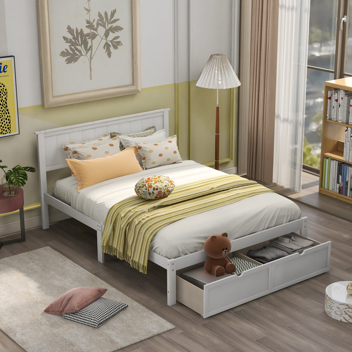 Full Platform Bed with Drawers White