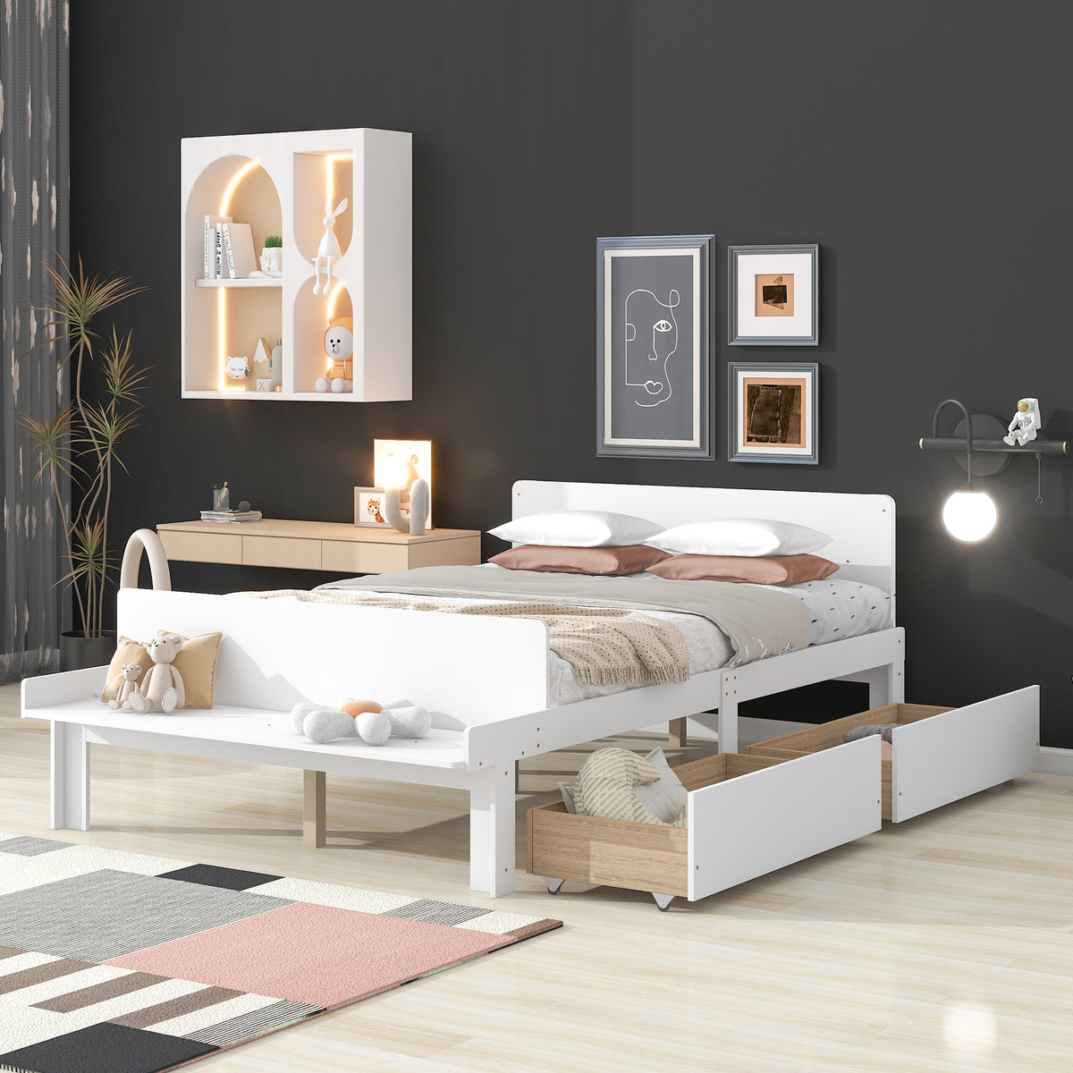 Full Bed with Bench White