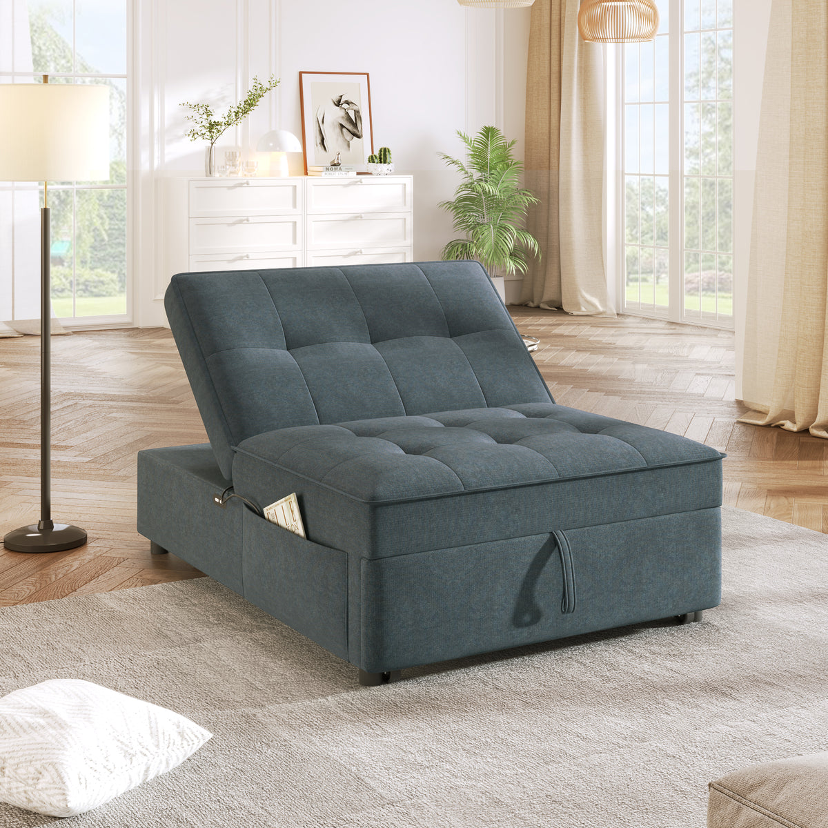 Modern Storage Ottoman with USB Port Dark Blue