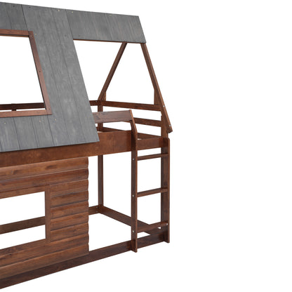 Twin Bunk Bed with Roof Windows Gray