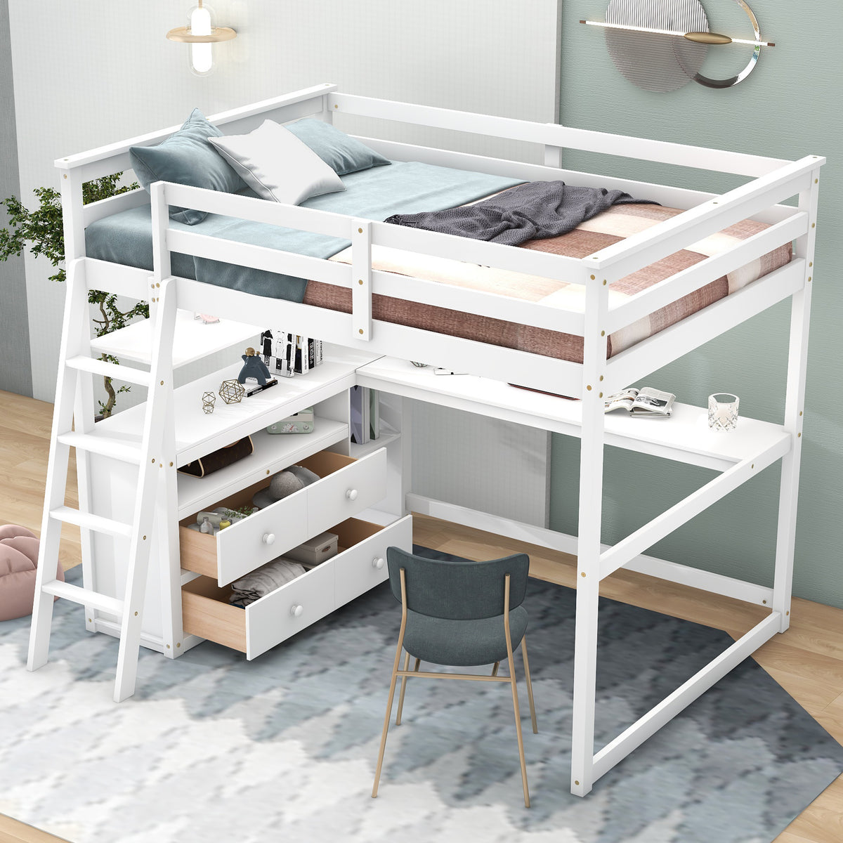Full Loft Bed with Desk and Drawers White