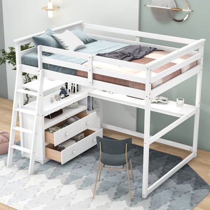 Full Loft Bed with Desk and Drawers White
