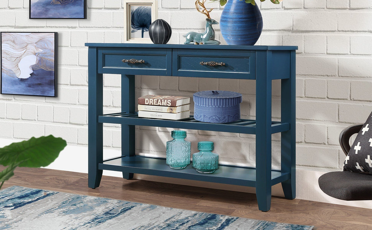 Mid-Century Console Table with Storage Drawers – Navy Blue
