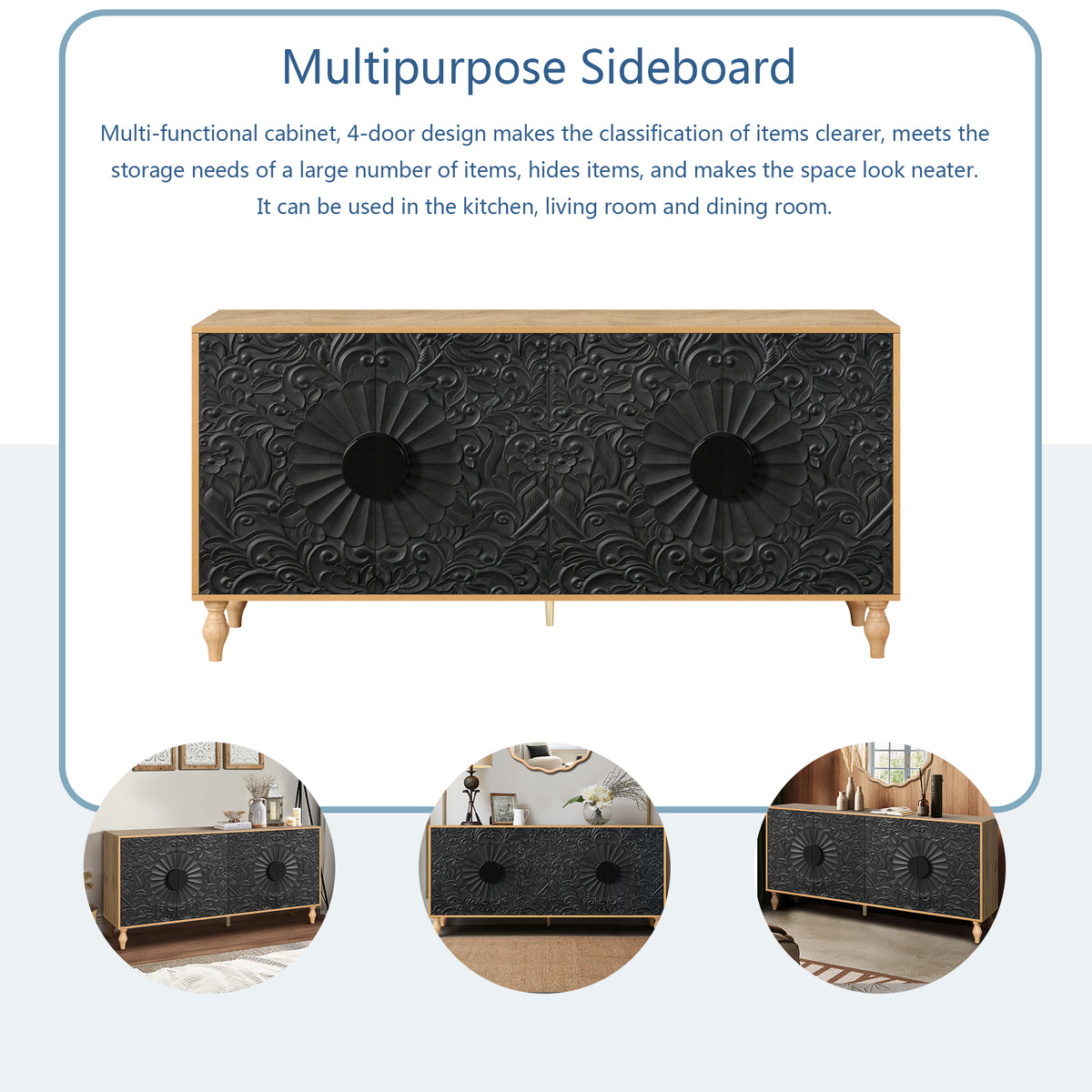 Carved Black TV Console with Wood Frame