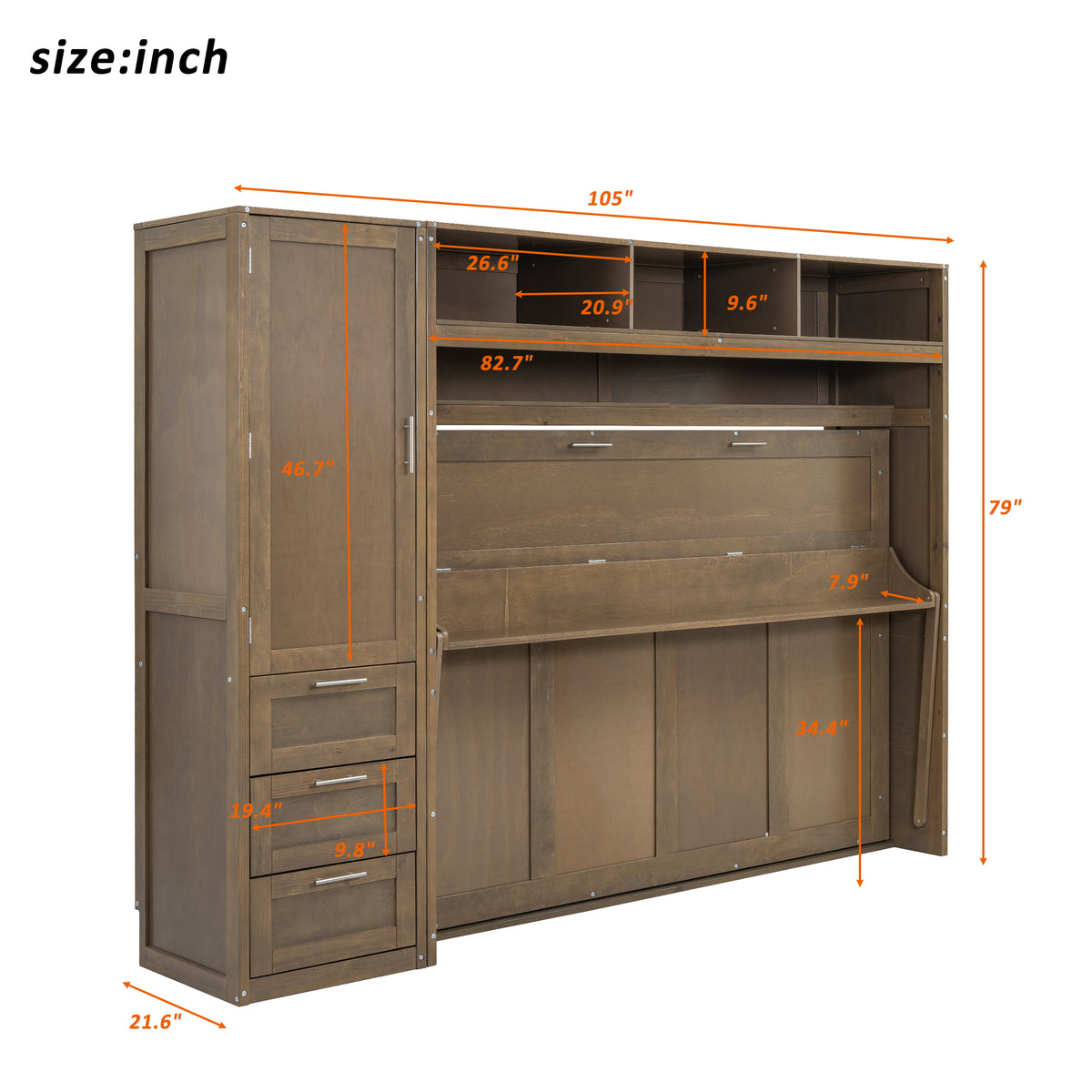 Antique Grey Murphy Bed with Storage Drawers