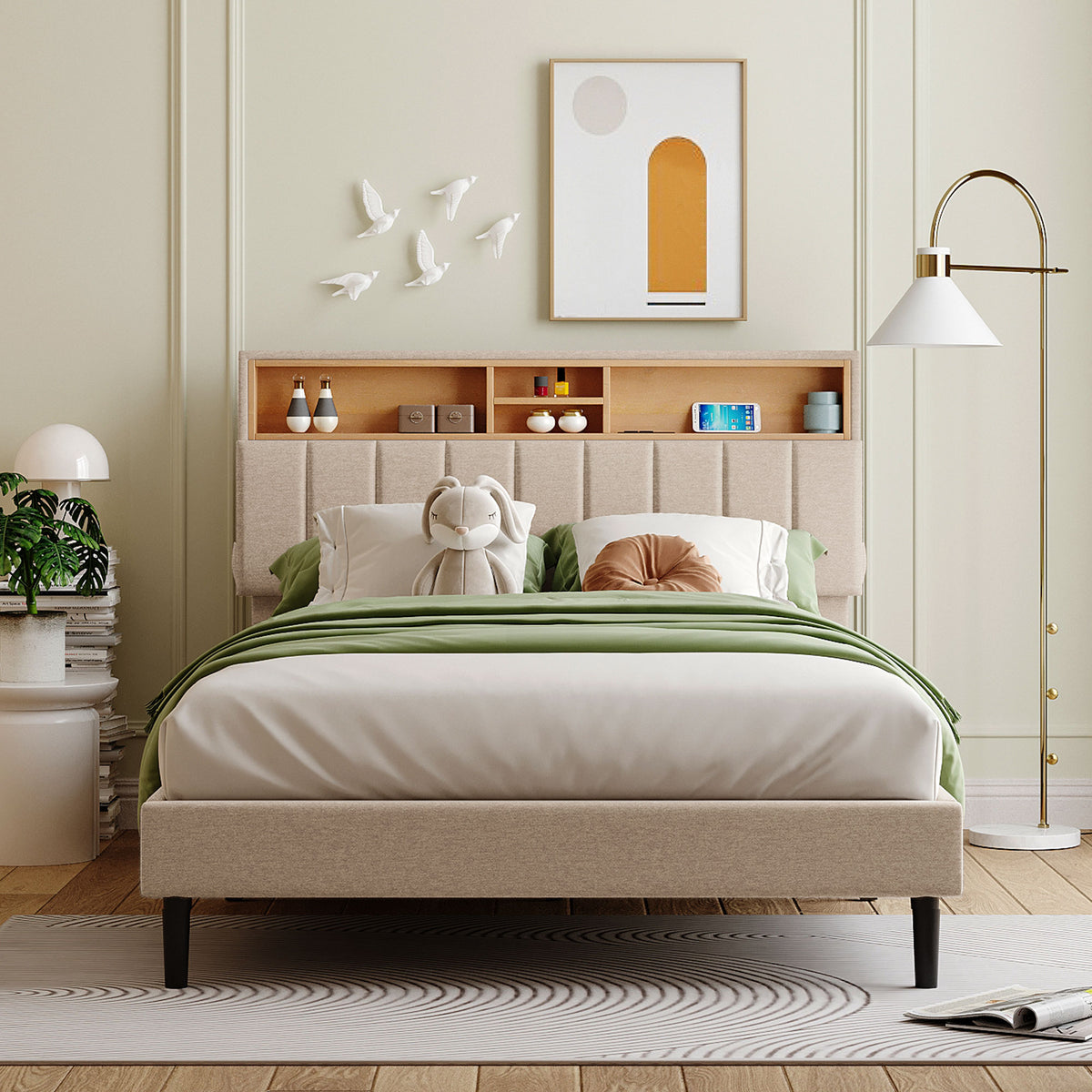 Full Upholstered Storage Bed – Beige Linen