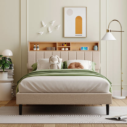 Full Upholstered Storage Bed – Beige Linen