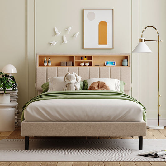 Full Upholstered Storage Bed – Beige Linen