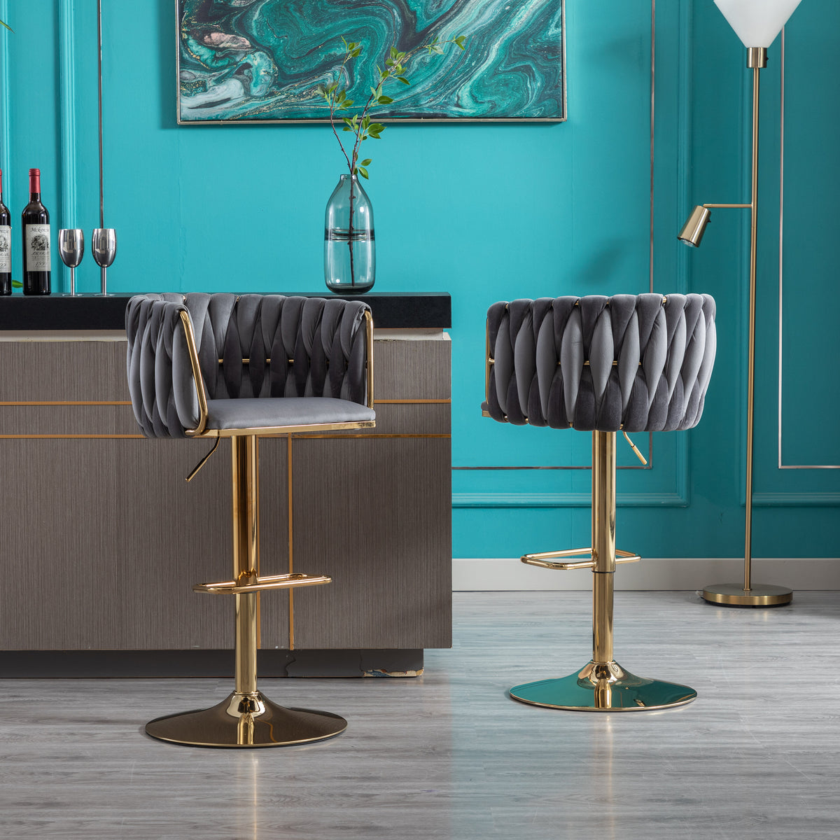 Velvet Swivel Bar Stools Set of 2 Gray