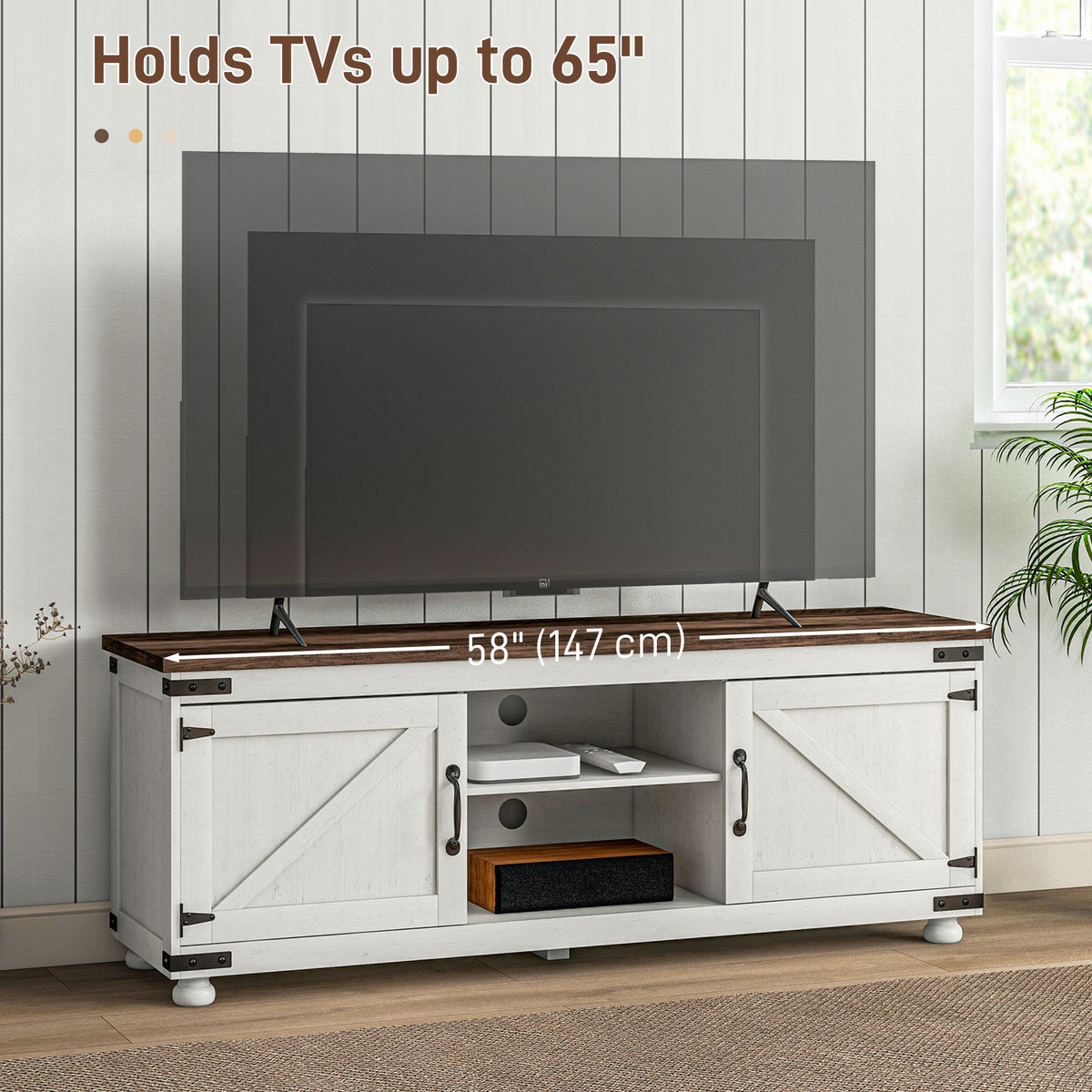 Kirby Farmhouse TV Stand with Small Minimalist Barn Doors for TVs up to 65"-Distressed White