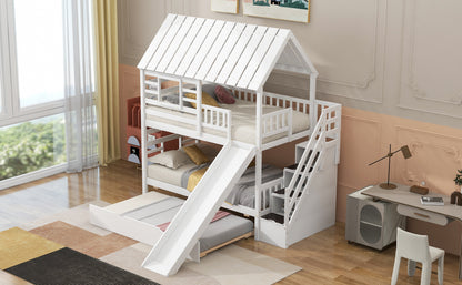 Twin Over Twin Bunk Bed with Roof Staircase White