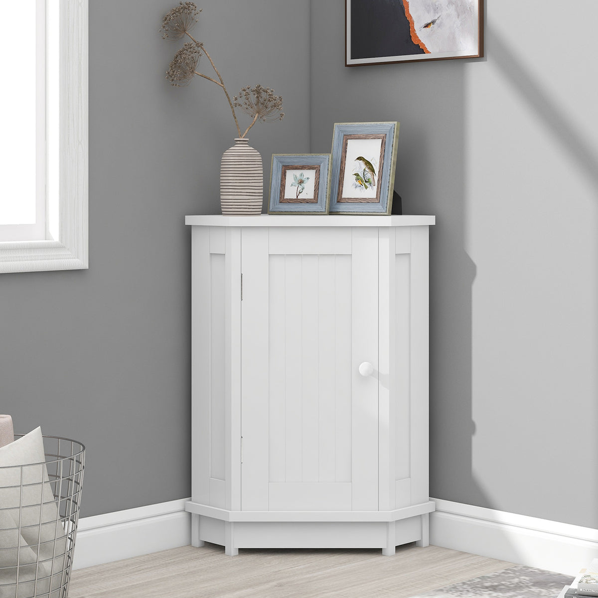 White Corner Bathroom Storage Cabinet Adjustable Shelves