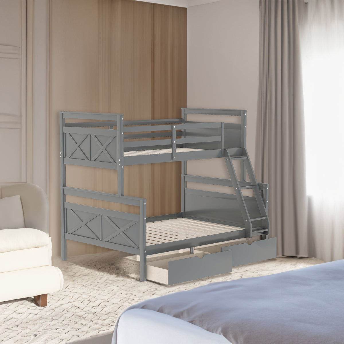 Twin Over Full Bunk Bed with Ladder Gray