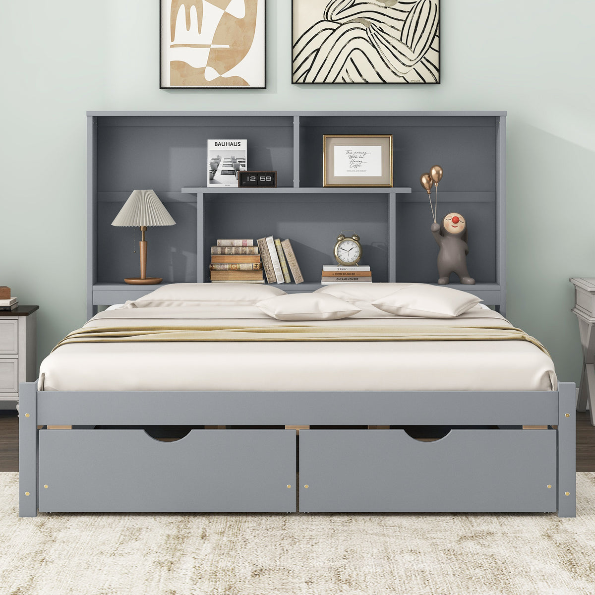 Queen Platform Bed with Storage Drawers Gray