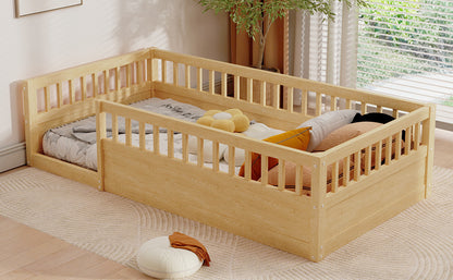 Natural Kids Floor Bed Frame with Fence
