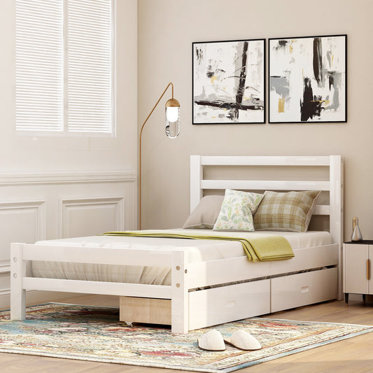 Wood Platform Bed with Drawers White