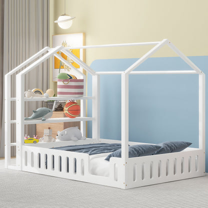 Full Platform Bed with Storage Shelves White