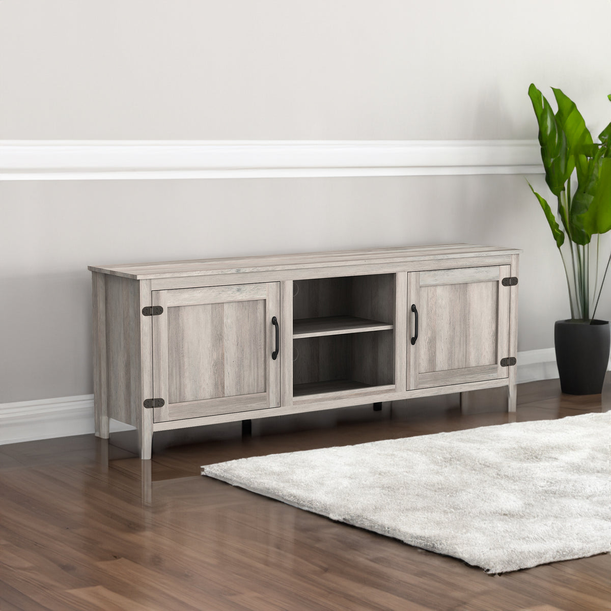 Grey Walnut TV Stand with Storage Cabinets and Media Shelf