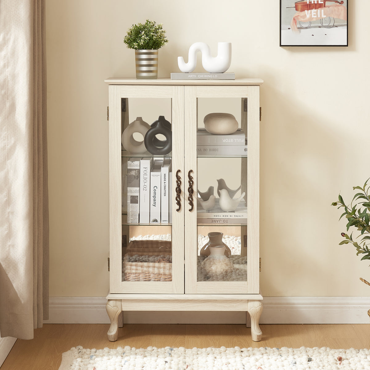 Dual Door Curio Display Cabinet with Adjustable Glass Shelves White