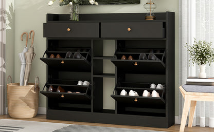 Modern Black Double-Layer Shoe Cabinet with Drawers