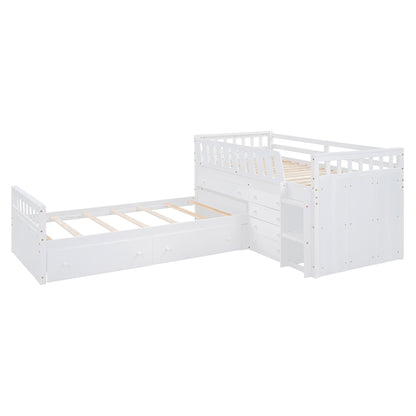 L-Shaped Twin Loft Bed with Storage White
