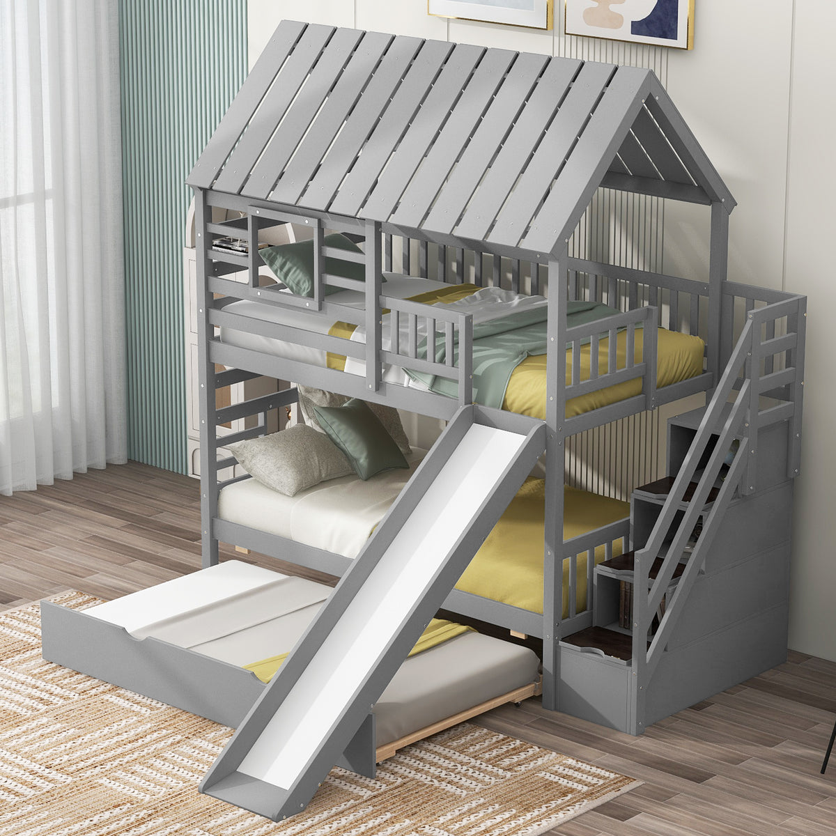 Twin Bunk Bed with Roof and Ladder Gray