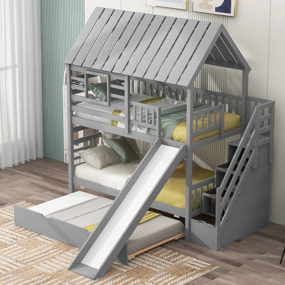 Twin Bunk Bed with Roof and Ladder Gray