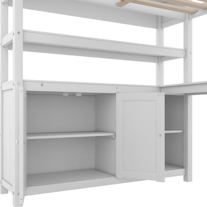 Wood Loft Bed with Bookshelf White
