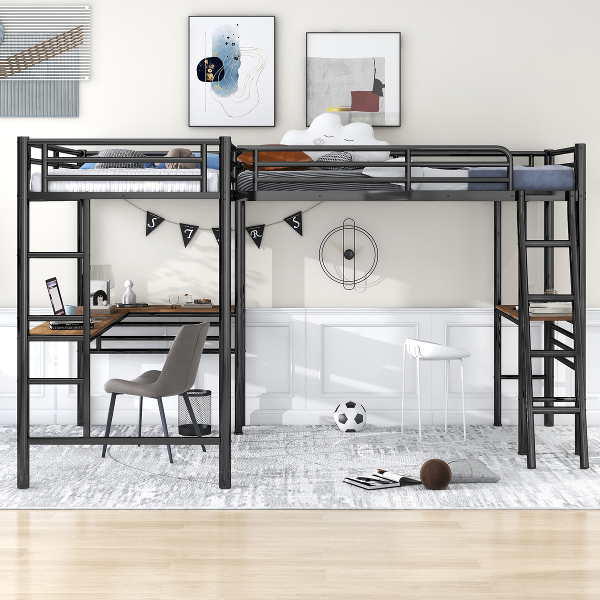 Twin Metal Loft Bed with Desk Black