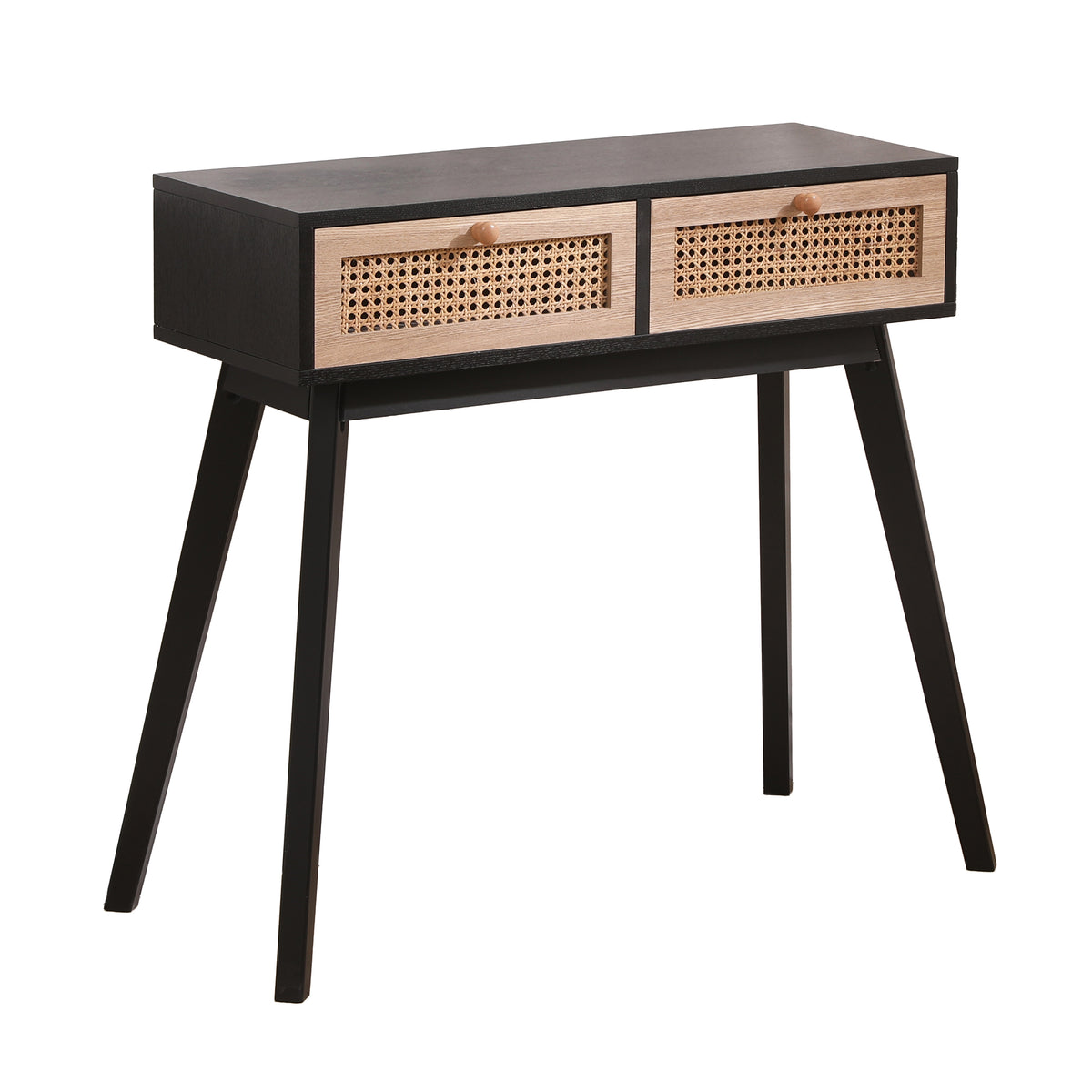Rattan Side Table with Solid Wood Legs