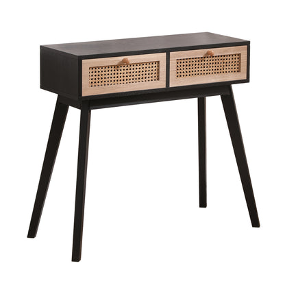Rattan Side Table with Solid Wood Legs