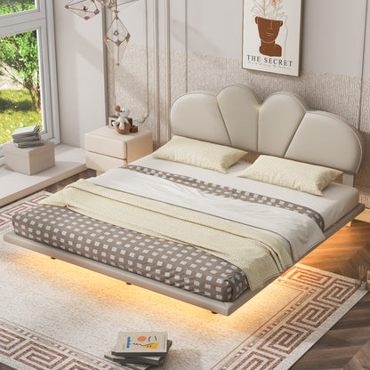 Upholstered Queen Bed with PU Headboard Beige