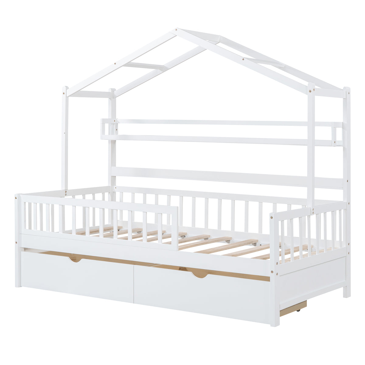 Twin House Bed with Storage Shelf White