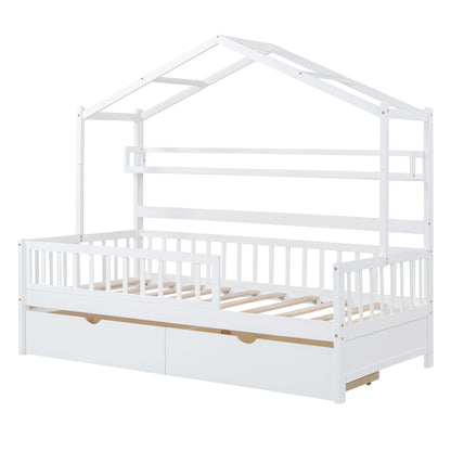 Twin House Bed with Storage Shelf White