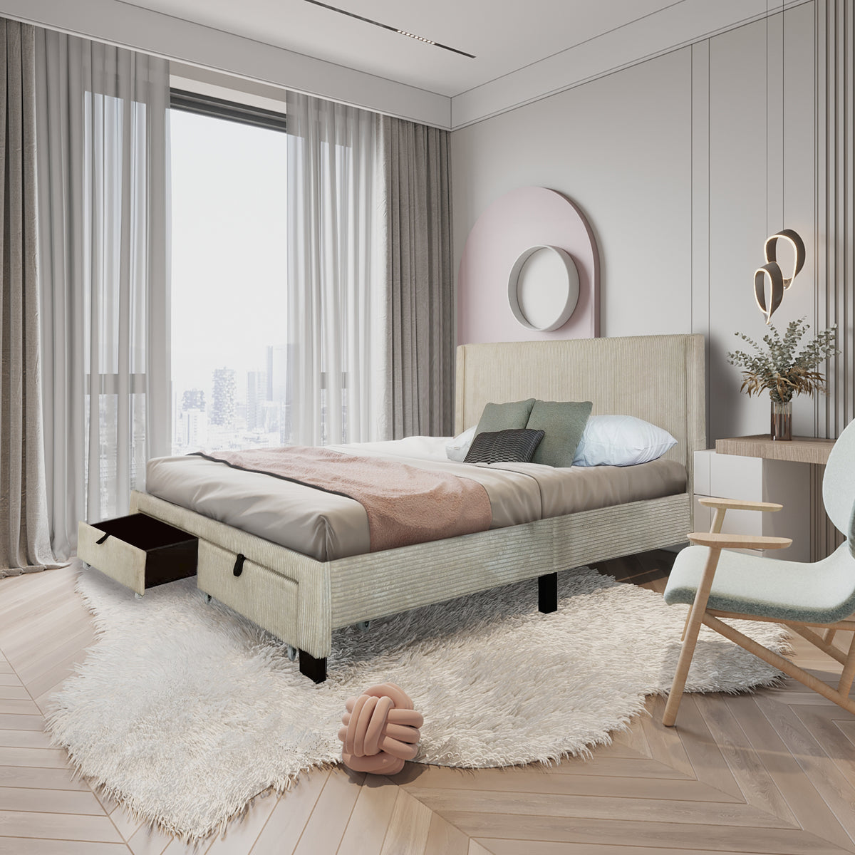 Corduroy Wingback Storage Bed – Beige & White