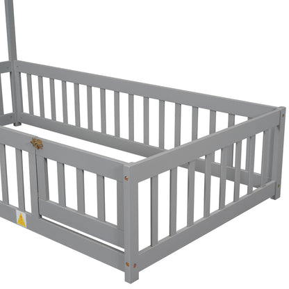 Twin House Bed with Fence Gray