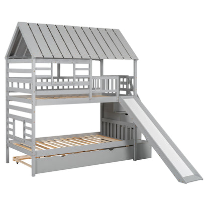 Twin Bunk Bed with Roof and Ladder Gray