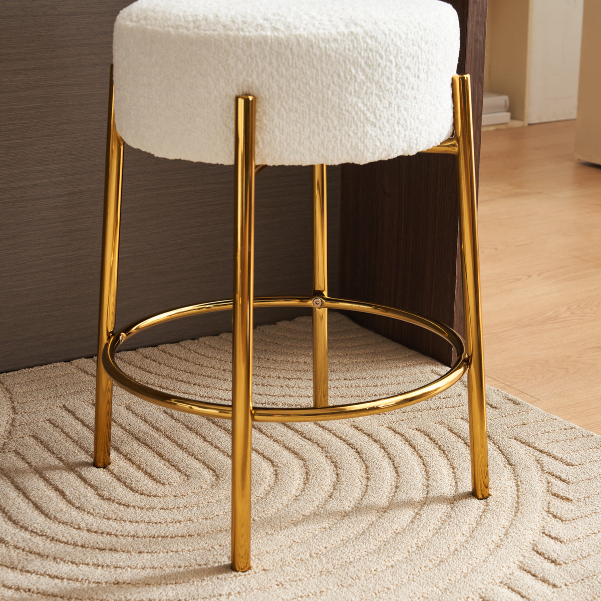 Beige Upholstered Round Bar Stool Set of 2 – 24" Height Modern Wood Finish with Foam Cushion