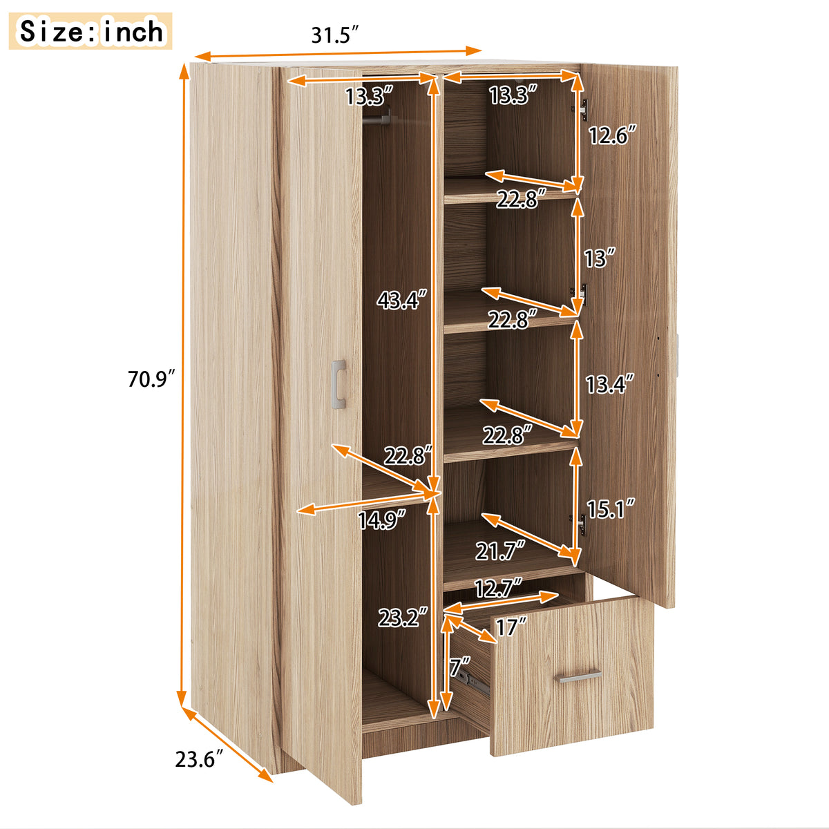 Wooden Double Wardrobe Natural Finish