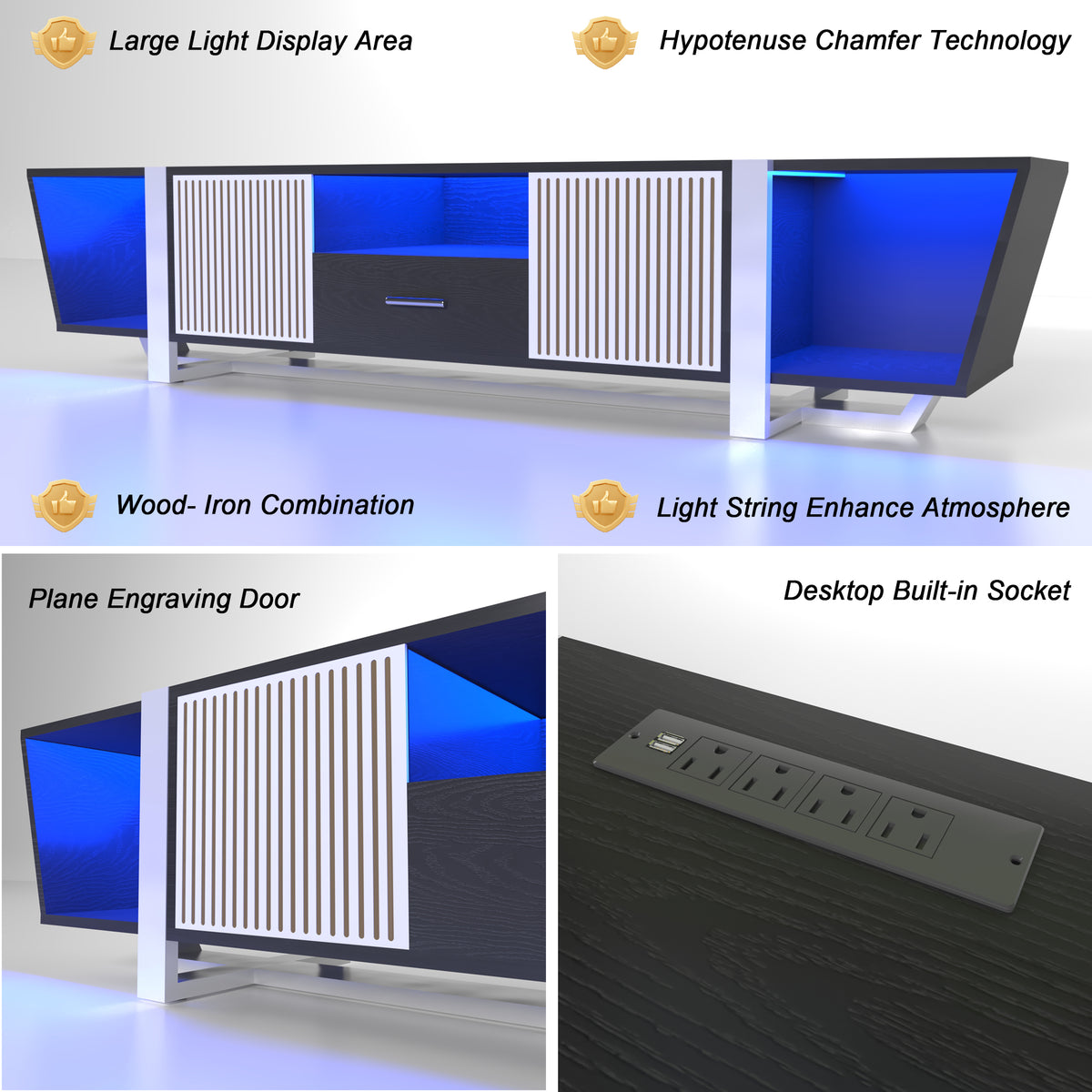 LED TV Console with Storage Cabinet Black