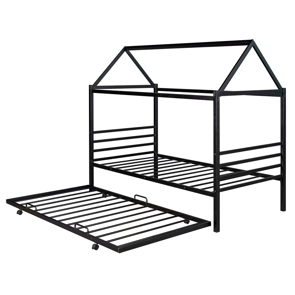 Metal House Platform Bed with Trundle Black
