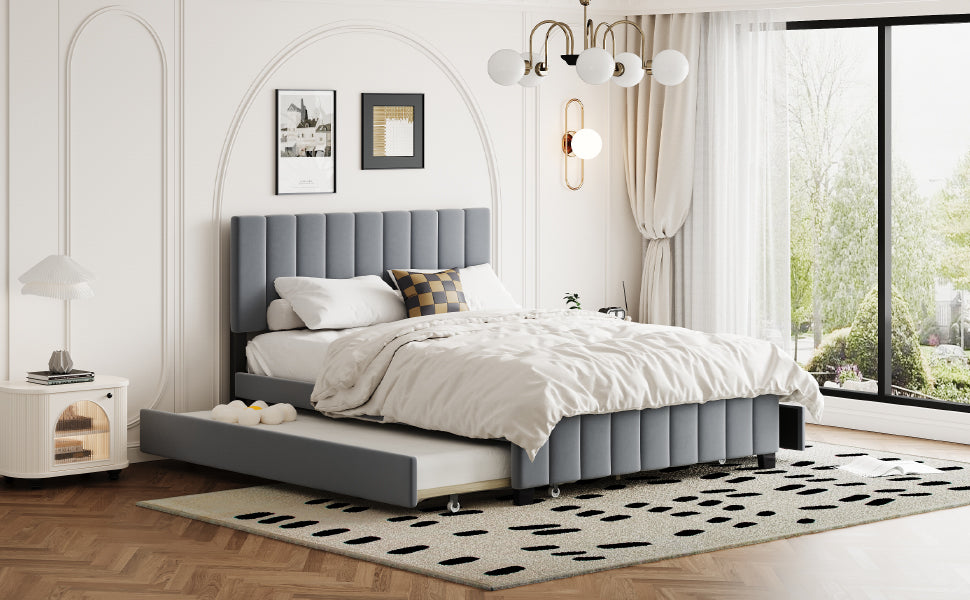 Velvet Upholstered Queen Platform Bed with Trundle Gray