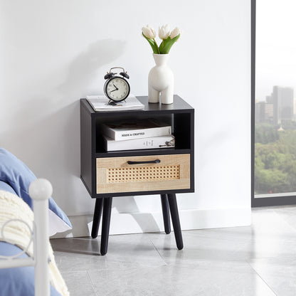 Rattan End Table with Drawer Black