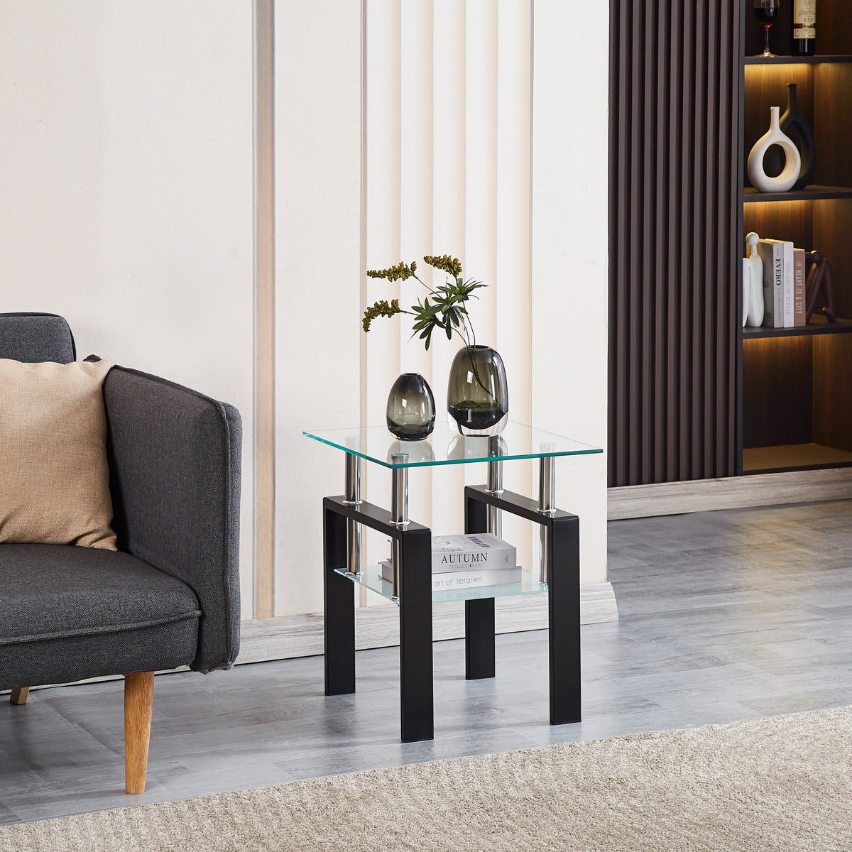 Tempered Glass End Table with Storage Shelf