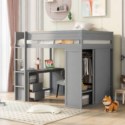 Full Loft Bed with Wardrobe Gray