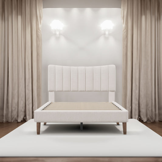 Upholstered Platform Bed with Channel Headboard Cream