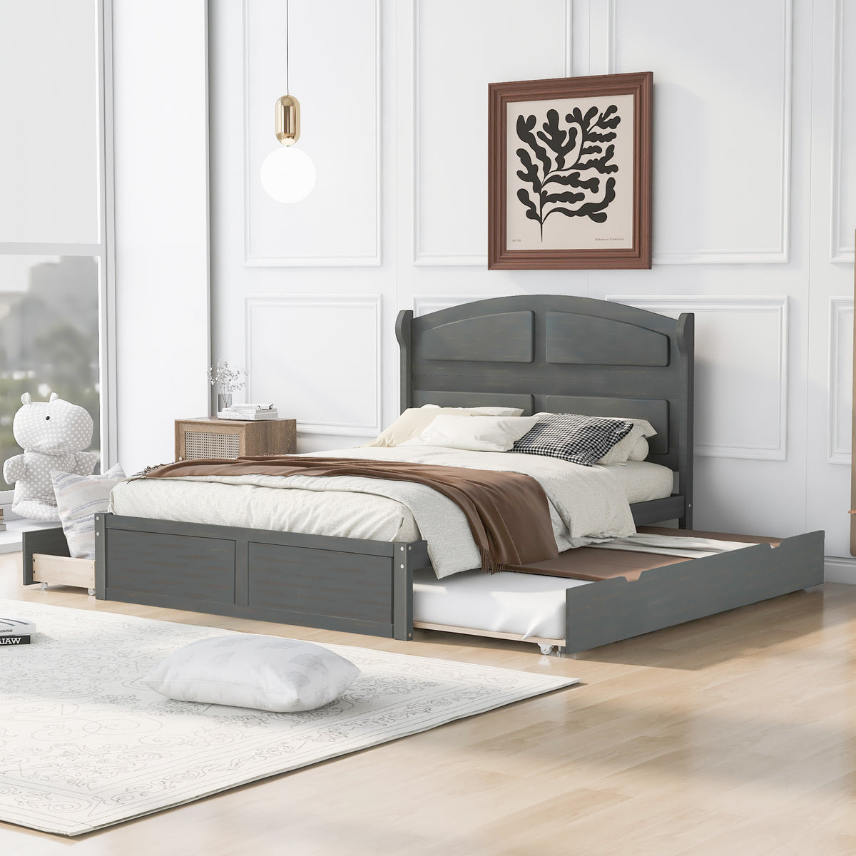 Queen Platform Bed with Trundle Antique Gray