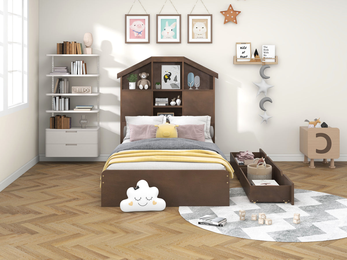 Twin Platform Bed with Storage Drawers Walnut